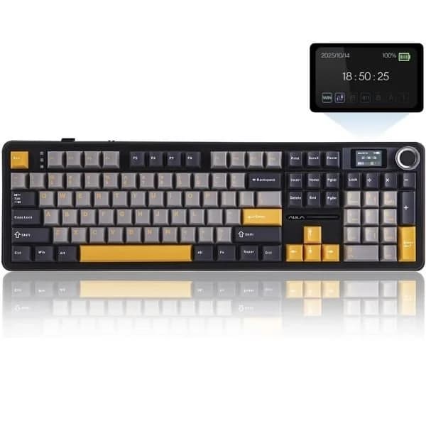 AULA F108PRO Tri-Mode Full Size Wireless Mechanical Gaming Keyboard with Screen & Knob | Grey + Yellow, Reaper Switch (F108ProGrYR) - 1