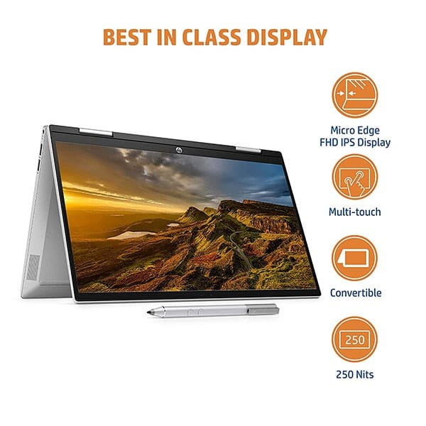 HP Pavilion x360 11th Gen Intel Core i3 14 inches FHD, IPS, Convertible Laptop (8GB RAM/256GB SSD/Audio by B&amp;O/Windows 11 Home MS Office/Natural Silver/1.52 Kg) -14-dy0190TU + Laptop Bag