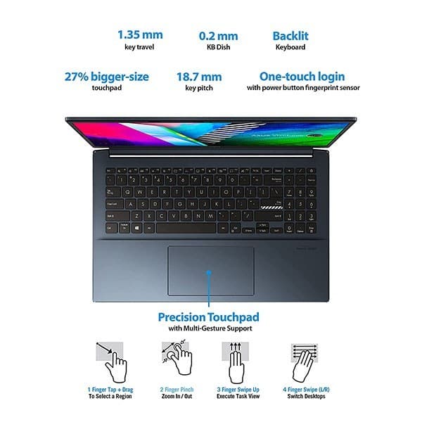 ASUS Vivobook Pro 15 OLED (2021), 15.6" (39.62 cms) FHD OLED, AMD Ryzen 7 5800H, 4GB NVIDIA GeForce RTX 3050 Graphics, Laptop (16GB/1TB SSD/Office 2019/Windows 10/Blue/1.65 Kg), M3500QC-L1262TS + Laptop Bag