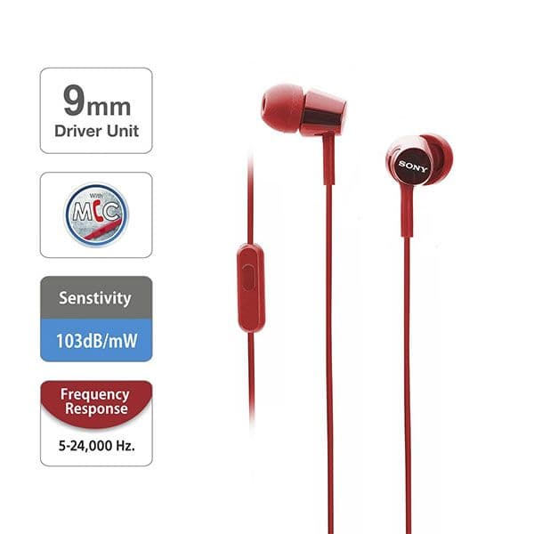 Sony MDR-EX155AP Wired in Ear Headphone with Mic - Red
