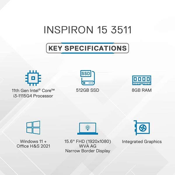 Dell 15 Inspiron 3511 (2021) 15.6 inches FHD Intel i5- 11th Gen 1135G7 Laptop (Windows 10 + MS Office 8GB - 512GB SSD Integrated Graphics Backlit KB, D560509WIN9S-Platinum Silver, 1.8Kg) + Laptop Bag