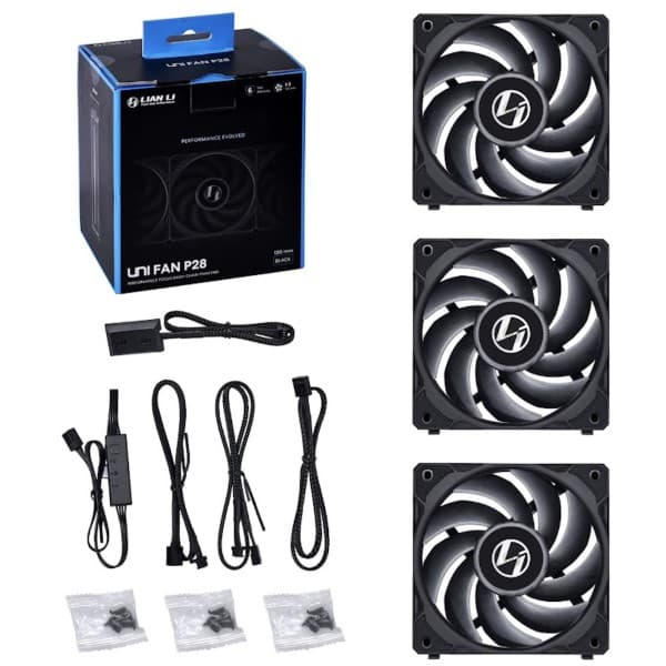 Lian Li Uni Fan P28 Fluid Dynamic Bearing 120mm Case Fan - Black - 3 Pack