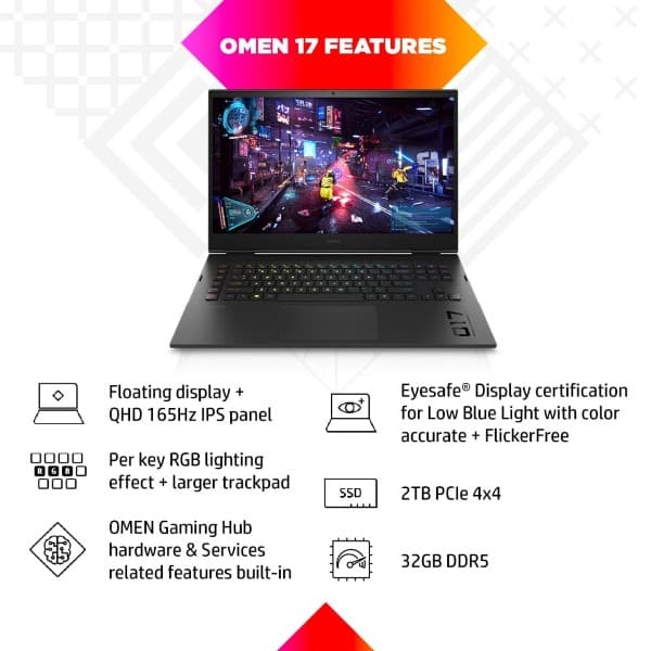 HP Omen 12th Gen Intel Core i9-12900HX 17.3 inch(43.9cm) QHD Gaming Laptop(32GB RAM/2TB SSD/RTX 3080Ti 16GB Graphics/165Hz/3ms Response Time/Win 11/MSO 2021/Backlit KB/B&O/Alexa/Xbox Pass)17-ck1023TX