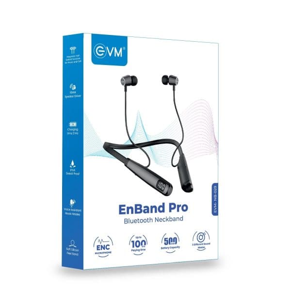 EVM EnBand Pro Bluetooth Neckband with Deep Bass, Up to 100 Hours Playing Time, 10mm Driver, IPX4 Sweat Proof (Black)