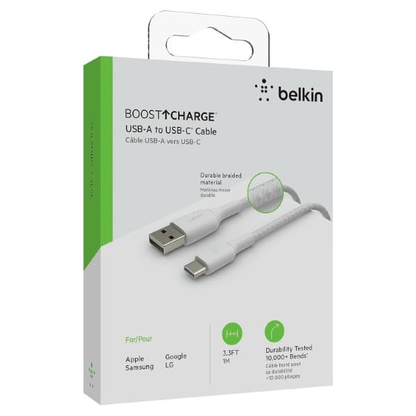 Belkin Boost Charge Type C To Usb-A 2.0 Tough Unbreakable Braided Nylon Cable 3.3 Feet (1 Meter) White