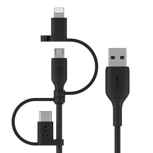 Belkin Universal Cable (3-in-1 USB-C, Lightning, Micro-USB Charging Cable) Charge Smartphones, Tablets, Power Banks and More 3.3ft/1m, Black