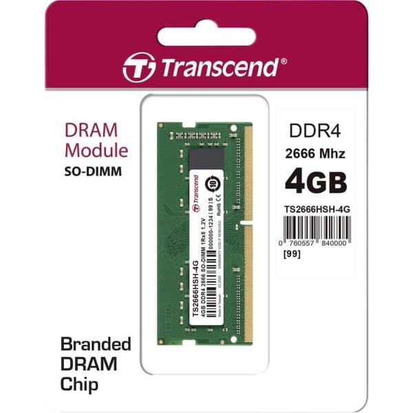 Transcend 4GB (1 X 4GB) DDR4 2666MHz SO-DIMM 1Rx8 512Mx8 CL19 1.2V Laptop RAM